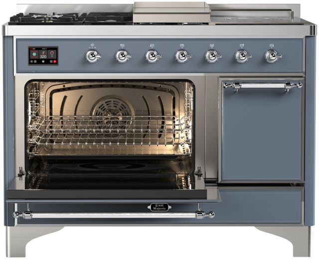 Ilve® Majestic III 48" Blue Gray Pro Style Dual Fuel Natural Gas Range with 5 Black Brass Burners and Chrome Trim-2