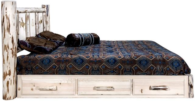 Montana Woodworks® Montana Collection Clear Lacquer Twin Platform Storage Bed with Laser Engraved Bronc Design-2