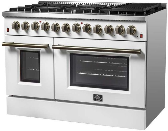 FORNO® Galiano 48" Stainless Steel Pro Style Dual Fuel Range with White Door with Antique Brass Accents-2