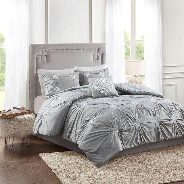 Olliix by Madison Park 4 Piece Grey Full/Queen Malia Embroidered Cotton Reversible Duvet Cover Set-4