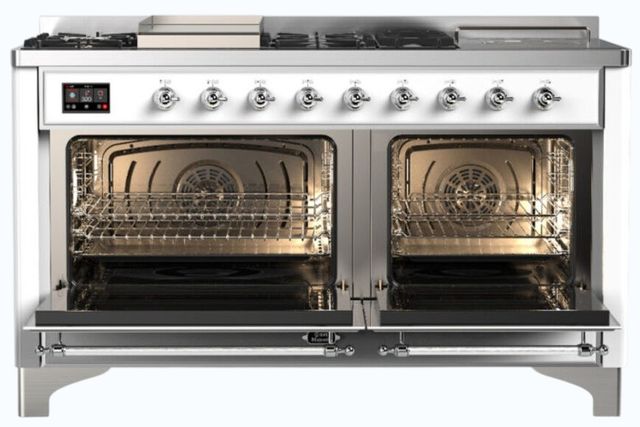 Ilve® Majestic III 60" White Pro Style Dual Fuel Natural Gas Range with French Top and Chrome Trim-1