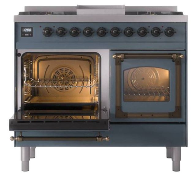 Ilve® Nostalgie II Noblesse 40'' Blue Gray Pro Style Dual Fuel Range with Burnished Trim-3