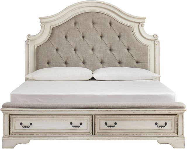 Signature Design by Ashley® Realyn Beige/Chipped White King Upholstered Storage Bed-2