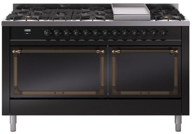 Ilve® Nostalgie II Noblesse 60'' Glossy Black Pro Style Dual Fuel Range with Burnished Trim-0