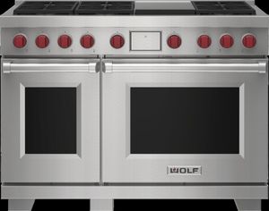Front view of the Wolf® 48" Stainless Steel Pro Style Dual Fuel Range and Infrared Griddle