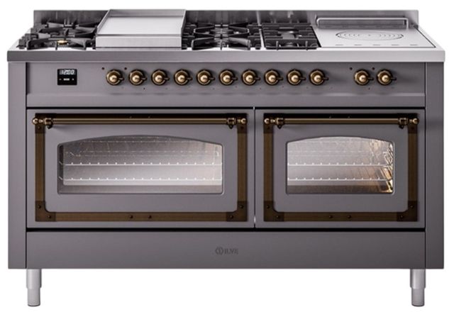Ilve® Nostalgie II Noblesse 60'' Graphite Matte Pro Style Dual Fuel Range with Burnished Trim-0