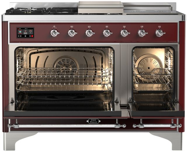Ilve® Majestic III 48" Burgundy Pro Style Dual Fuel Liquid Propane Range with 5 Black Brass Burners and Chrome Trim-1