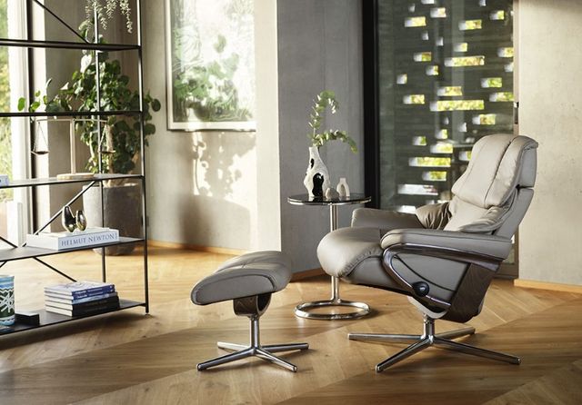 Stressless® by Ekornes® Customizable Reno Medium Manual Recliner and Ottoman with Cross Base-1