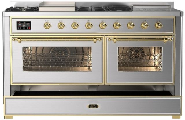 Ilve® Majestic III 60" Stainless Steel Pro Style Dual Fuel Liquid Propane Range with French Top and Brass Trim-2