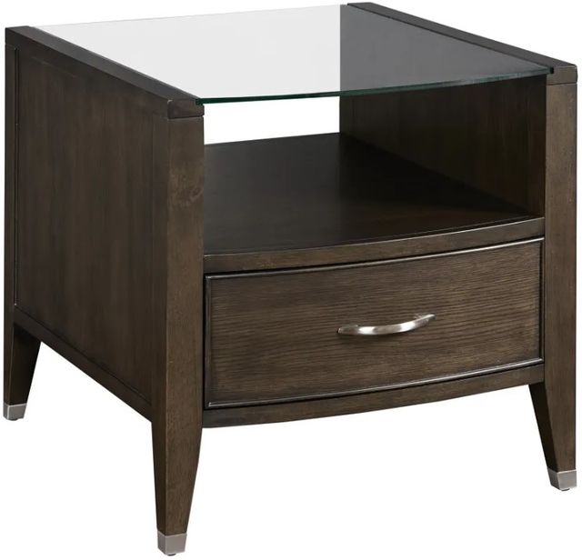 Hammary® Tesha Glass Top Rectangular Drawer End Table with Brown Base-0