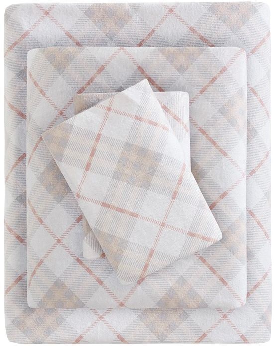 Olliix by True North by Sleep Philosophy Pink Plaid Twin XL Cozy 100% Cotton Flannel Printed Sheet Set-0