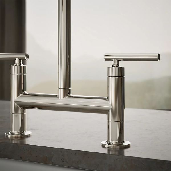 KOHLER® Purist® Vibrant Polished Nickel 2-Hole Bridge Kitchen Sink Faucet with Side Sprayer-4
