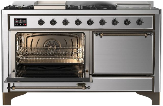 Ilve® Majestic III 60'' Stainless Steel Pro Style Dual Fuel Natural Gas Range with Solid Door and Burnished Trim-3