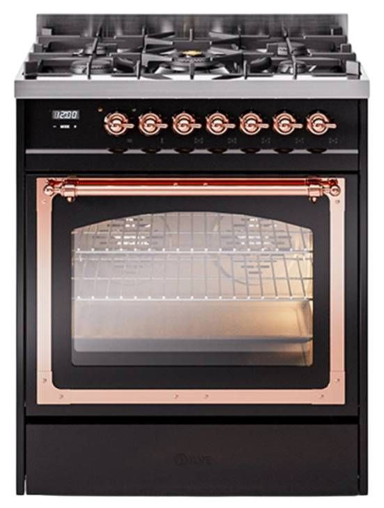Ilve® Nostalgie II Noblesse 30" Glossy Black Pro Style Dual Fuel Range with Brass Trim-0