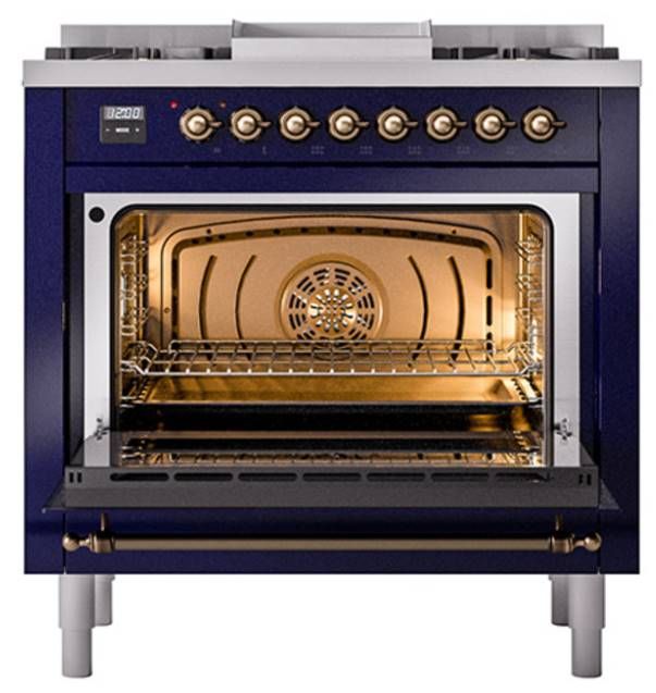 Ilve® Nostalgie II Noblesse 36'' Midnight Blue Pro Style Dual Fuel Range with Burnished Trim-1
