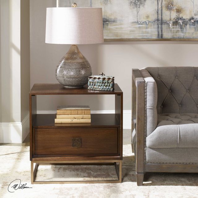 Uttermost® Bexley Dark Walnut Side Table with Antique Brass Base-1
