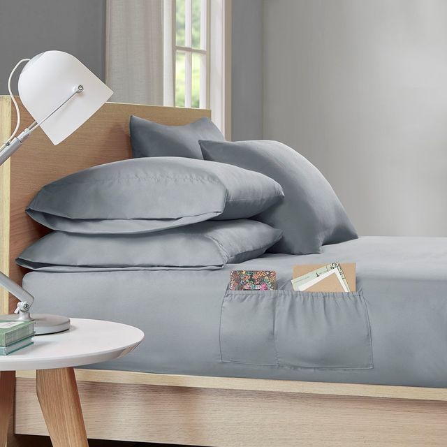 Olliix by Intelligent Design Grey Full Microfiber Sheet Set with Side Storage Pockets-3