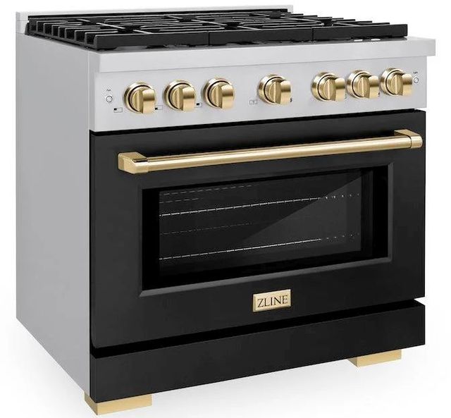 ZLINE Autograph Edition Paramount 36" Stainless Steel Pro Style Gas Range with Black Matte Door and Polished Gold Accents-2