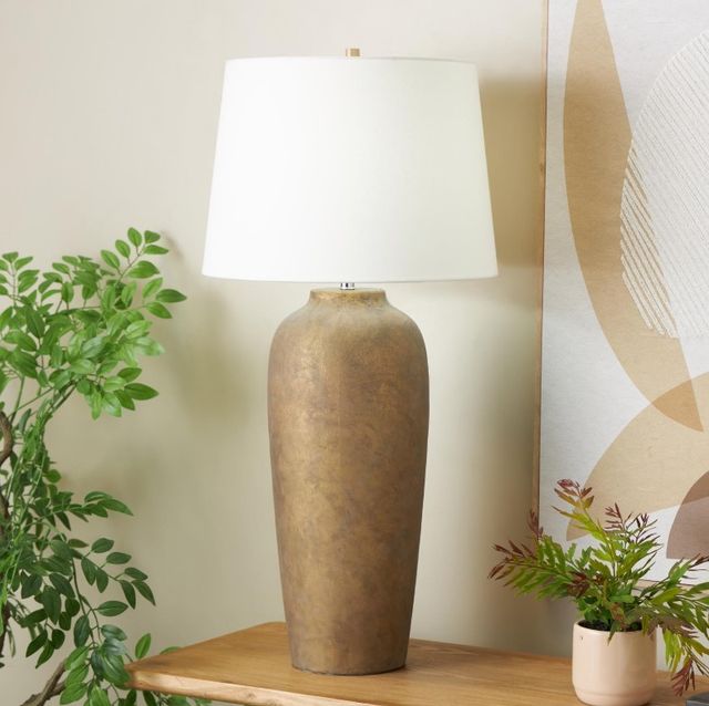 Deco Marche Brown Tall Distressed Antique Style Textured Room Table Lamp with Cream Linen Shade-2