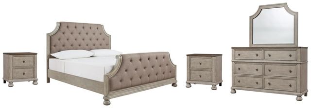 Benchcraft® Falkhurst 5-Piece Gray King Upholstered Panel Bed Set-0