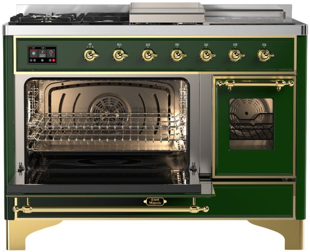 Ilve® Majestic III 48" Emerald Green Pro Style Dual Fuel Liquid Propane Range with 5 Black Brass Burners and Brass Trim-2