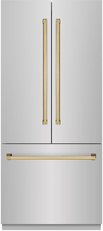 ZLINE Autograph Edition 36" 19.6 Cu. Ft. Stainless Steel Built-In French Door Refrigerator with Polished Gold Accents-0