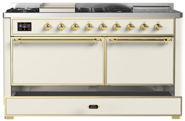 Ilve® Majestic III 60" Antique White Pro Style Dual Fuel Natural Gas Range with Griddle and Brass Trim-2