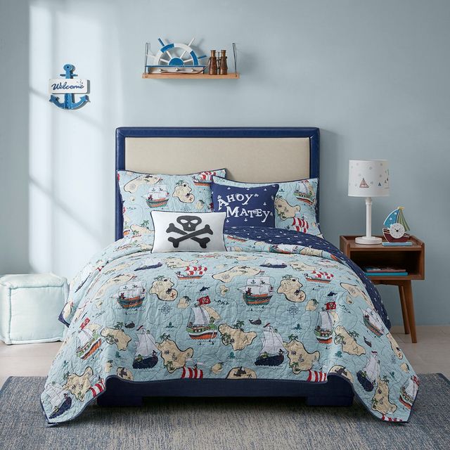 Olliix by Urban Habitat Kids Pirate Adventure Cotton Reversible Blue Full/Queen Coverlet Set-1