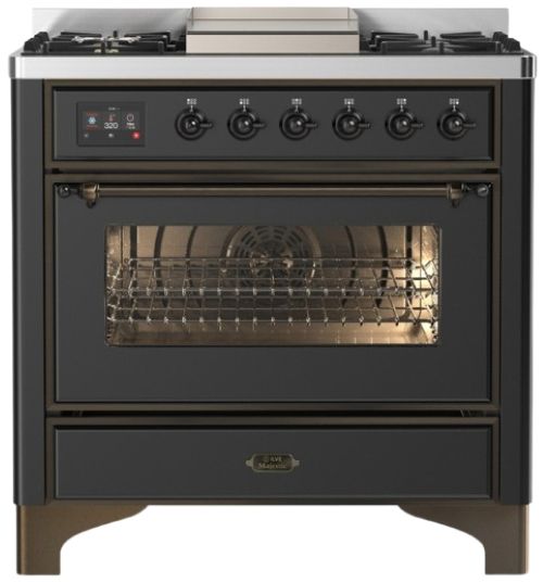 Ilve® Majestic III 36" Graphite Matte Pro Style Dual Fuel Natural Gas Range with 6 Black Brass Burners and Burnished Trim-0