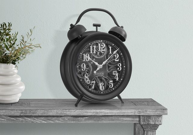 Monarch Specialties Inc. Black 12" Round Table Clock with Standard Numbers on Gear Mechanism-2