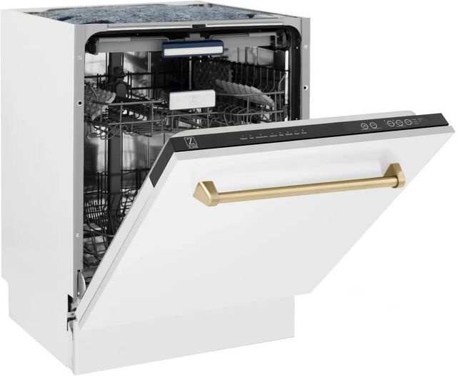 ZLINE Autograph Edition Tallac 24" White Matte Top Control Built In Tall Tub Dishwasher with Champagne Bronze Handle-3