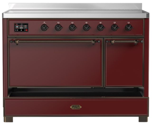 Ilve® Majestic III 48" Burgundy Pro Style Induction Range with Solid Door and Burnished Trim-2