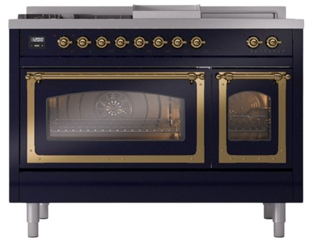 Ilve® Nostalgie II Noblesse 48'' Midnight Blue Pro Style Dual Fuel Range with Brass Trim-1