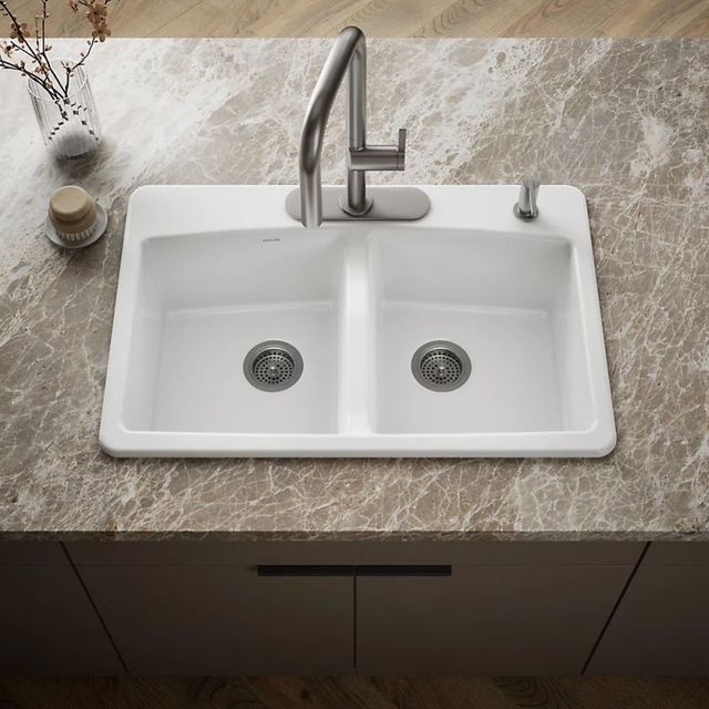KOHLER® Brookfield™ White 33" 4-Faucet Hole Top-Mount Double-Bowl Kitchen Sink-1
