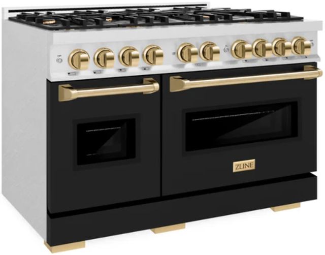 ZLINE Autograph Edition 48" Satin Stainless Steel Pro Style Double Oven Dual Fuel Range with Black Matte Doors and Polished Gold Accents-1