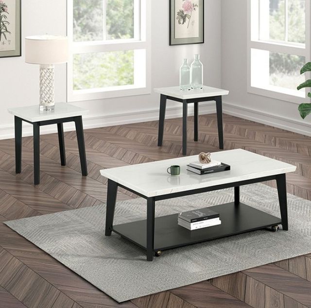 Furniture of America® Thisted White Rectangle Marble Coffee Table with Black Base and Casters-1