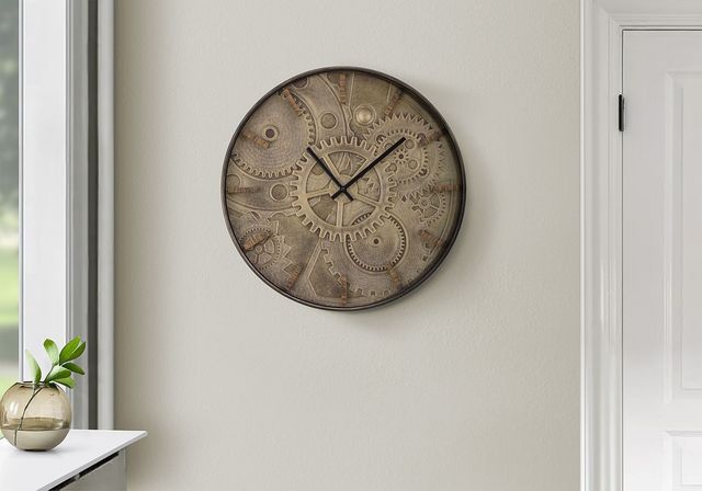 Monarch Specialties Inc. Brown 20" Round Wall Clock with Roman Numerals on Gear Mechanism Background-2