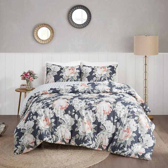 Olliix by Madison Park 3 Piece Dark Blue Full/Queen Mavis Cotton Printed Reversible Duvet Cover Set-4