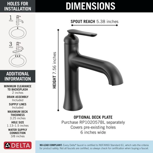 Delta Bonacci™ Matte Black Single Handle Bathroom Faucet with Drain-4