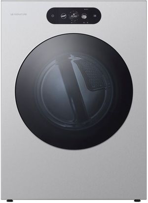 Front view of the LG Signature 9 Cu. Ft. Brushed Platinum Steel Smart Front Load Electric Dryer