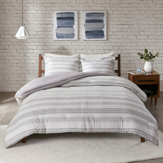 Olliix by Urban Habitat Grey Full/Queen Cole Stripe Print Ultra Soft Cotton Blend Jersey Knit Duvet Cover Set-1