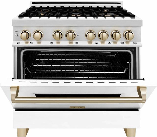 ZLINE Autograph Edition 36" Stainless Steel Pro Style Dual Fuel Range with White Matte Door and Polished Gold Accents-3