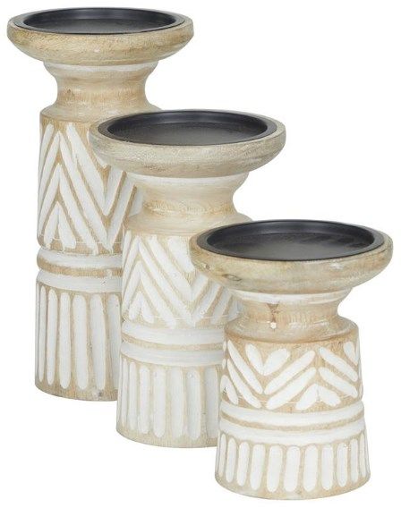 Deco Marche 3-Piece Light Brown Carved Tribal Pillar Candle Holder Set-2