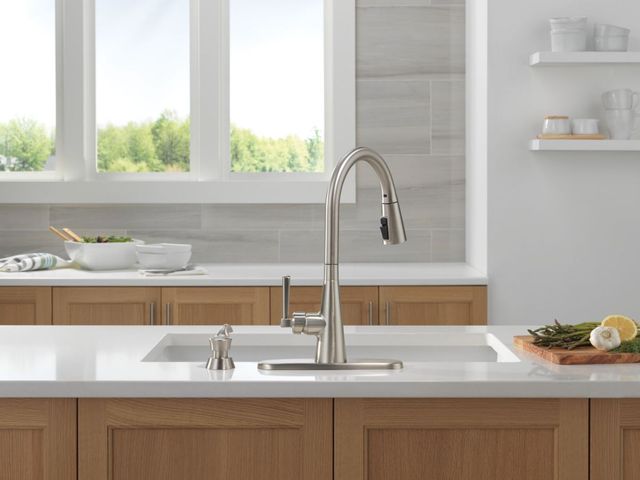 Delta Boyd™ Spotshield Stainless Single Handle Kitchen Faucet Spotshield Stainless with Soap Dispenser and ShieldSpray Technology -1