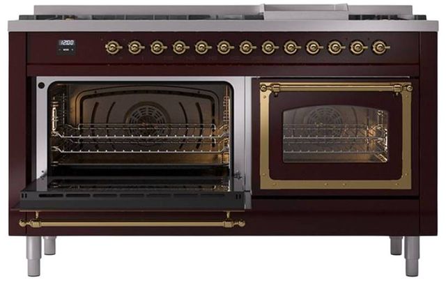 Ilve® Nostalgie II Noblesse 60'' Burgundy Pro Style Dual Fuel Range with Brass Trim-3