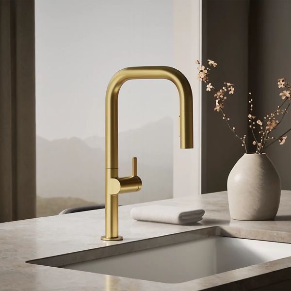 KOHLER® Components® Vibrant Brushed Moderne Brass 18" Kitchen Sink Faucet with 2-Function Sprayhead-1