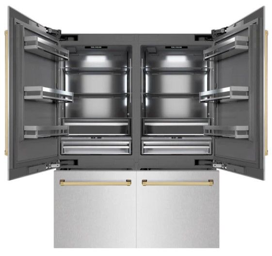 ZLINE Autograph Edition 60" 32.2 Cu. Ft. Satin Stainless Steel Built-In French Door Refrigerator with Champagne Bronze Accents-1