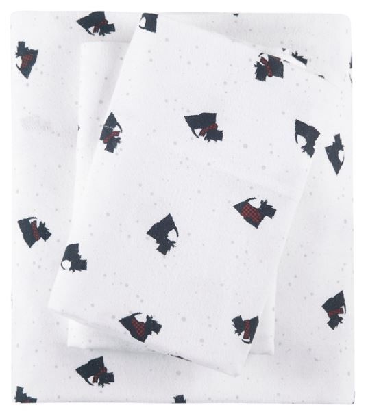 Olliix by Woolrich Flannel Black/White Scottie Dogs Full Cotton Sheet Set-0