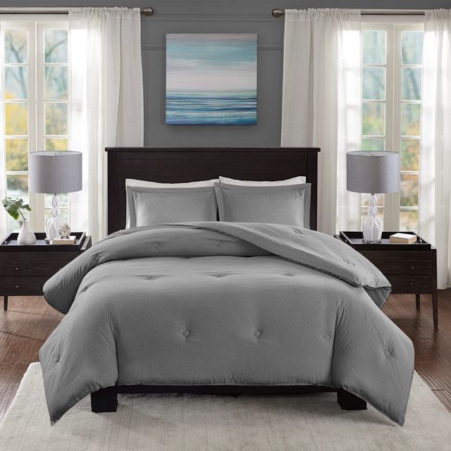 Olliix by Madison Park Essentials Clay Grey Twin Yarn-Dyed Heather Weave Microfiber Down Alternative Comforter Mini Set-0