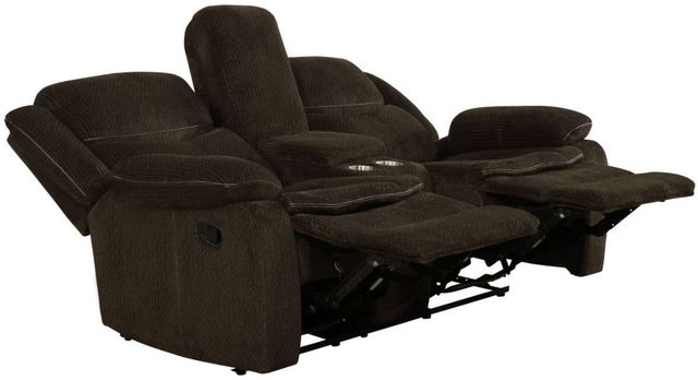 Coaster® Jennings Brown Reclining Upholstered Motion Loveseat with Console-1